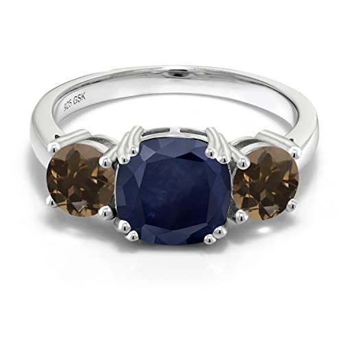 Gem Stone King 925 Sterling Silver Blue Sapphire and Brown Smoky Quartz 3 Stone Engagement Ring For Women (3.82 Cttw, Gemstone September Birthstone, Cushion 8MM, Available in Size 5,6,7,8,9)2