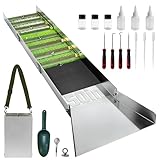 Kit de prospection d'or de 19 pièces : notre kit de 19 pièces comprend une écluse pliante de 127 cm, 4 pics crevasses, 1 pince à épiler, 1 aimant de séparation d'or, 3 flacons éteints, 3 flacons de rangement, 3 pipettes, une pelle paydirt et 1 sac à dos avec cordon de serrage