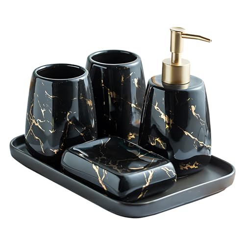 XUDREZ Badezimmer Zubehör Sets Marmor Muster Keramik Bad Zubehör Set Luxus Badezimmer Set Lotionspender, Zahnbürstenbecher, Seifenschale, Chassis (Glänzend Schwarz 5 teiliges Set) XUDREZ Badezimmer Zubehör Sets Marmor Muster Keramik Bad Zubehör Set Luxus Badezimmer Set Lotionspender, Zahnbürstenbecher, Seifenschale, Chassis (Glänzend Schwarz 5 teiliges Set)