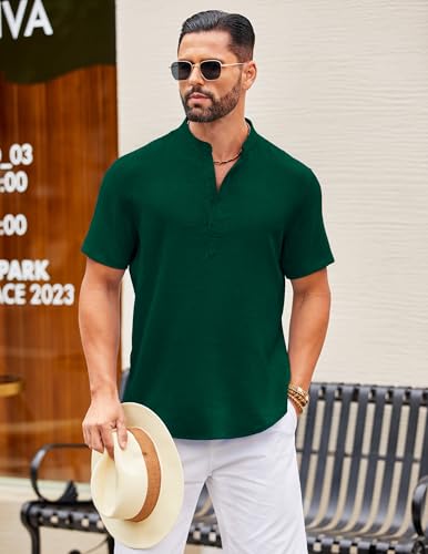 COOFANDY Men's Casual Henley Shirt Short Sleeve Summer Shirts Linen Band Collar Summer Beach Hippie T-Shirts2