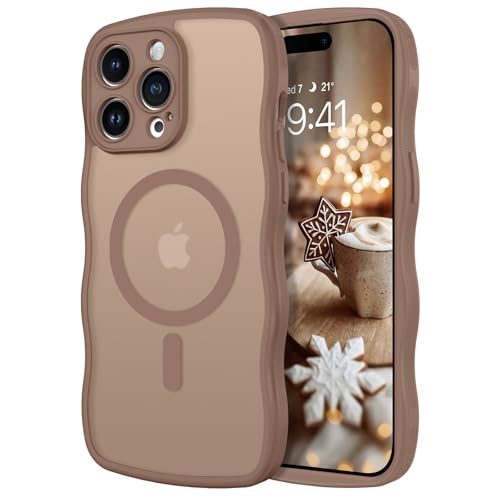 GaoBao Coque pour iPhone 14 Pro Max Compatible avec MagSafe, Forme de Cadre Ondulé, Magnétique Étui Translucide Mat Arrière Protection Caméra Housse Fine Antichoc Dos Anti Rayures, Brun