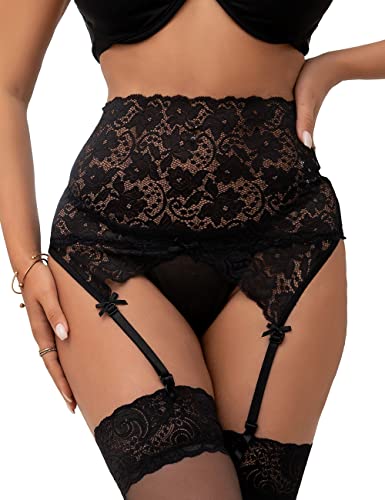 ohmydear Femme Porte-jarretelle Sexy Grande Taille Haute Dentelle Ensemble Porte Jarretelle 4 Sangles Ajustables Jarretelle Haut Lingerie Bas Guêpière G-Strings(Nior 3XL/4XL)