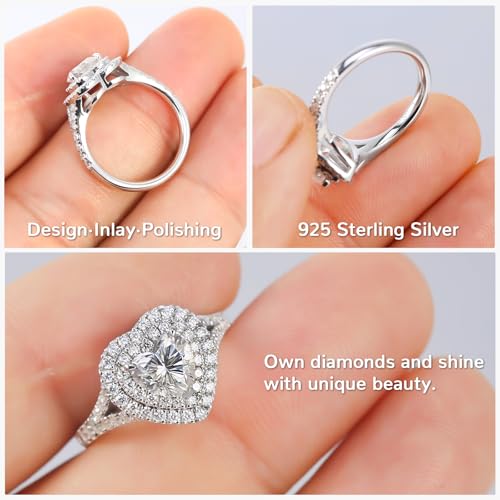 1.6CT Moissanite Heart Shaped Engagement Ring for Women D Color VVS1 Double Halo Wedding Ring S925 Sterling Silver with 18K White Gold Plated Genuine Moissanite Promise Ring for Her Size 5-104