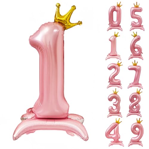42 Inch Pink Number Balloon with Base Standing Number 1 Balloon with Crown Pink Crown Balloon 0-9 Giant Foil Helium Balloons for Birthday Party Decorations Supplies