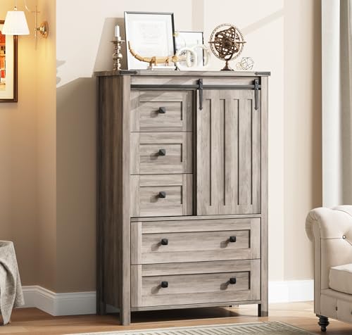 IDEALHOUSE Farmhouse 5 Drawer Dresser for Bedroom, 48' Tall Wood Dresser Chest of Drawer with...