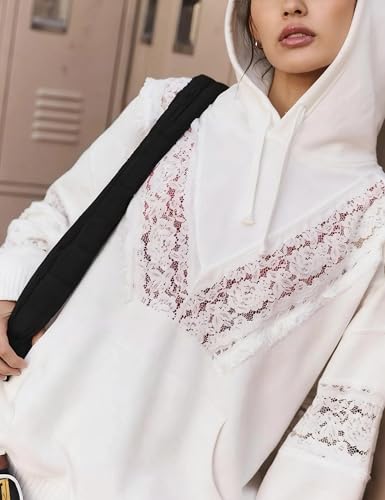 Women’s Fall Patchwork Lace Hoodie,Long Sleeve Ruffle Trim Sweatshirt with Kangaroo Pocket2