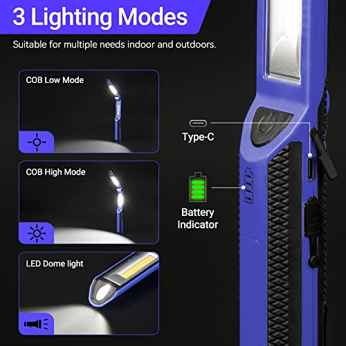 Work Light, Rechargeable LED Work Light 1500 Lumens, Portable Magnetic Work Light 180° Rotate 3 Modes, with 4 Magnetic Base and Hook Mechanic Light for Under Hood/Car Repairing/Inspection/Outdoor
