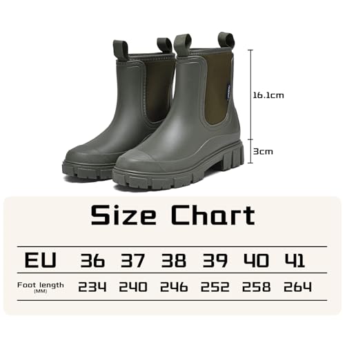 GemChve Gummistiefel Damen Gefüttert Wasserdicht Gummistiefel Halbhohe Chelsea Boots rutschfeste Stiefeletten Regenstiefel Regenschuhe Gummistiefeletten Warm Gartenschuhe Green 38EU