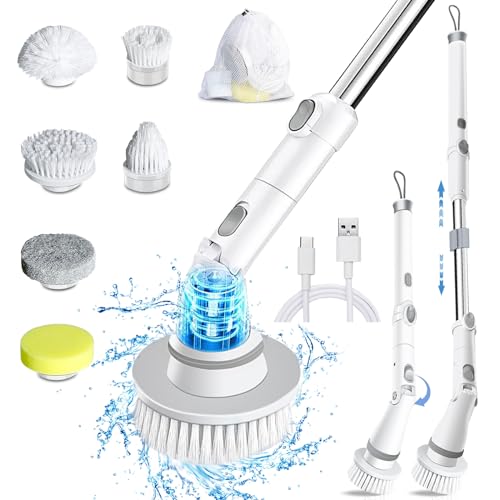 Unicherry 2024 Update Electric Spin Scrubber, Cordless Cleaning Brush with 6 Replaceable Cleaning Heads, 2 Rotating Speeds, Power Shower Scrubber for Home,Bathroom,Tub, Tile, Floor (White)