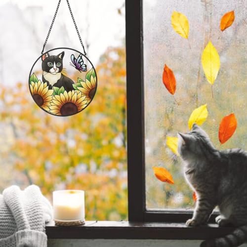 PLIGREAT Suncatchers Cat Sunflower Acrylic Stained Glass Sun Catcher Summer Patio Garden Hanging Tree Ornaments for Bedroom Living Room Window Decoration Wall Art Decor Housewarming Memorial Gifts - Image 2