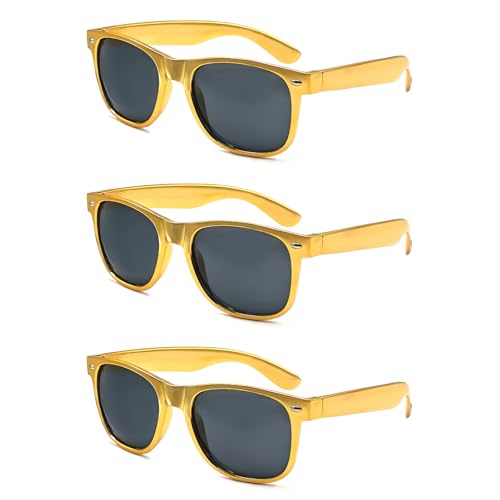 QYVEWY 3/6/12/20 Pack Metallic Gold Sunglasses Bulk for Women Men Retro 90s Cheap Glasses for Party Supplies (3Gold)