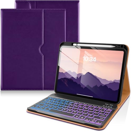Image of DTTO for iPad 11th (A16) / 10th Generation Case with Keyboard (2025 /2022), 7 Colors Backlit Wireless Detachable Keyboard Leather Folio Cover with Pencil Holder & Pocket, Deep Purple