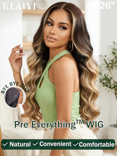 Image of KLAIYI Bye Bye Slip Pre Everything 13x4 Lace Front Honey Blonde Balayage Body Wave Human Hair Wig with Chestnut Brown Roots Drawstring Glueless Ombre Pre Plucked Bleached Knots Wear and Go Wig 24Inch