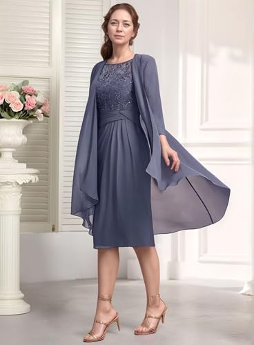 2 Pieces Chiffon Mother of The Bride Dresses Tea Length Lace Long Sleeve Formal Evening Dresses with Jacket2