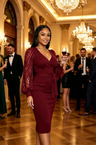 Image of BOGURST Semi Formal Church Dresses for Women Bishop Sleeve Sexy V Neck Bodycon Midi Dresses