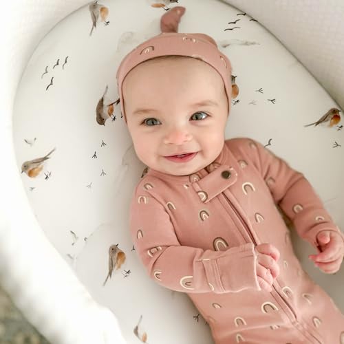 Image of GRSSDER Stretchy Ultra Soft Fitted Bassinet Sheet Set 3 Pack, Universal Fit for Bassinets Baby Cradle Moses Basket Oval Rectangle Mattress Safe and Snug, Cute Watercolor Cows and Birds Print