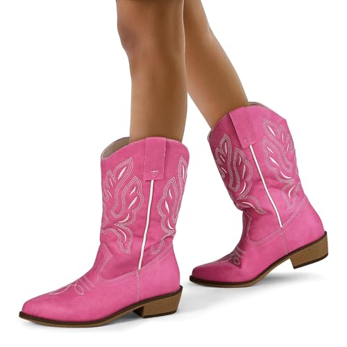 Image of mysoft Cowboy Boots For Women - Western Cowgirl Boots Mid Calf Chunky Heel Booties Pointed Toe Country Shoes
