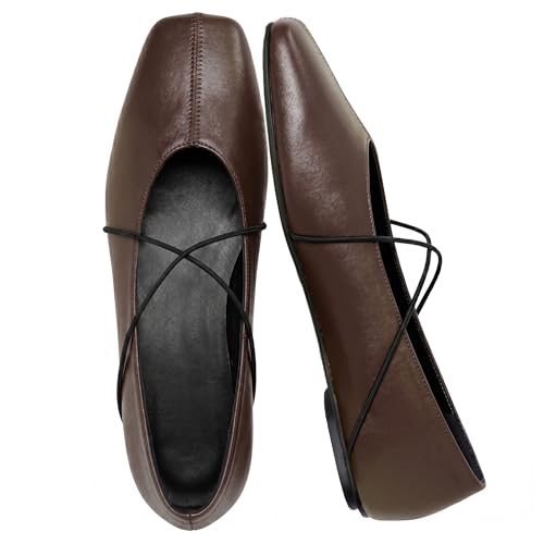 Image of Women's Square Toe Ballet Flats Criss-Cross Straps Comfortable Slip On Mary Jane Flat Shoes for Office Work Casual