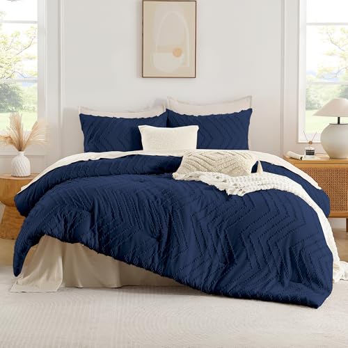 Image of Andency Navy Blue Comforter Set Queen Size, Boho Soft Warm Tufted Bedding Comforter Sets for Queen Size Bed, 3 Pieces Aesthetic Chevron Farmhouse Cute Bohemian Textured Bed Set