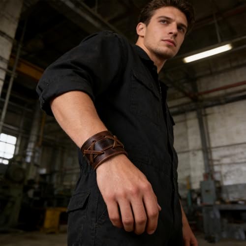 Pulsera de cuero marrón ajustable para hombre miniatura 2