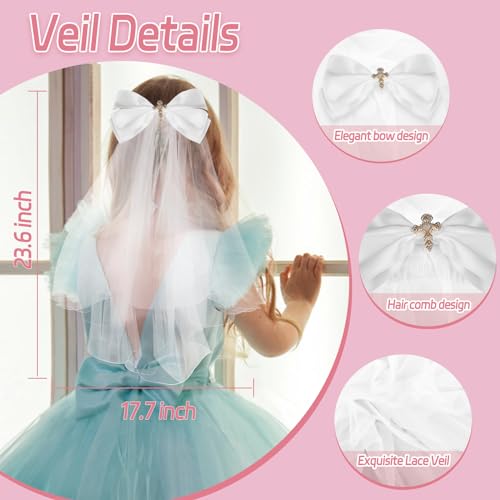 Vividsun Girls First Communion Veil White Flower Bow Headband,Veil for First Communion Girls Kids Wedding Party Headpiece2