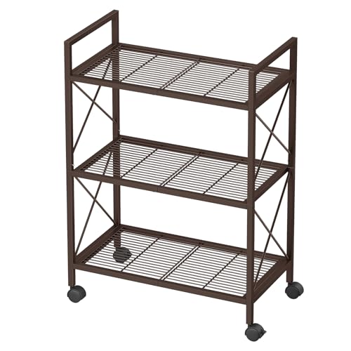 Image of SONGMICS 3-Tier Metal Storage Rack with Wheels, Mesh Shelving Unit with X Side Frames, 23.6-Inch Width, for Entryway, Kitchen, Living Room, Bathroom, Industrial Style, Metallic Bronze UBSC163A01