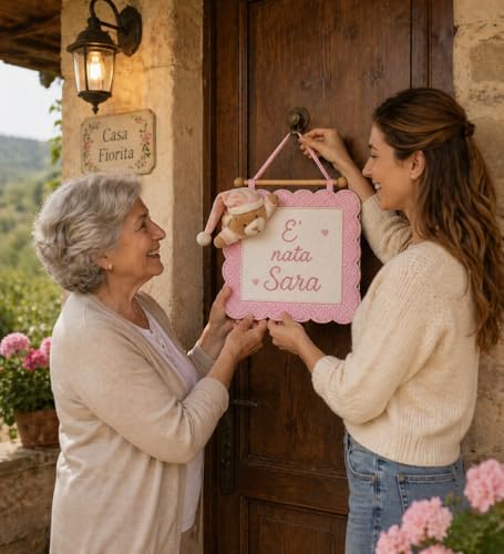 Noeud naissance rose à broder avec son petit ourson tendre