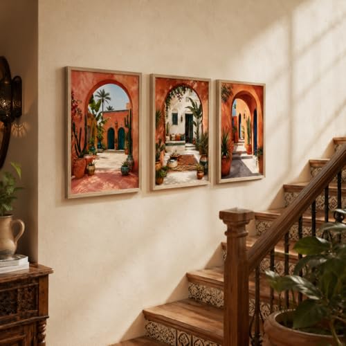 Image of Livin'luxe Set of 3 Mediterranean Arch Courtyard Wall Paintings for Living Room Bedroom Hallway Decor with Premium Wooden Color Synthetic Frame (13.5 x 19.5 Inch) NM03-99