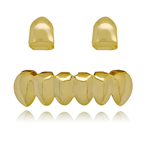 LuReen 14k Gold 2 PC Single Shiny Teeth Grillz 6 Bottom Grillz Set Hip Hop Teeth Grills