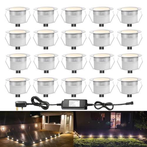 INDARUN Warm White Led Decking Lights Waterproof IP67 Ø45MM 12V 1W - Led Plinth Light Kits for Terrace/Patio/Path/Wall/Garden/Decoration, 20 Packs
