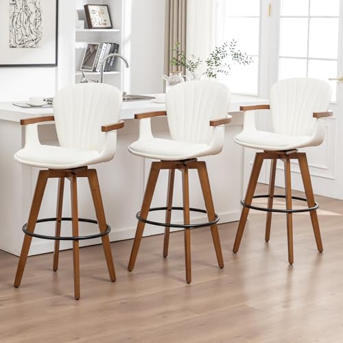 Image of LUNLING 26 inch Counter Height Stools Set of 3.Mid Century Modern Bar Stools,White PU Leather Kitchen Island Stools,Wood High Barstools Swivel with Back and Arms for Home Bar Furniture