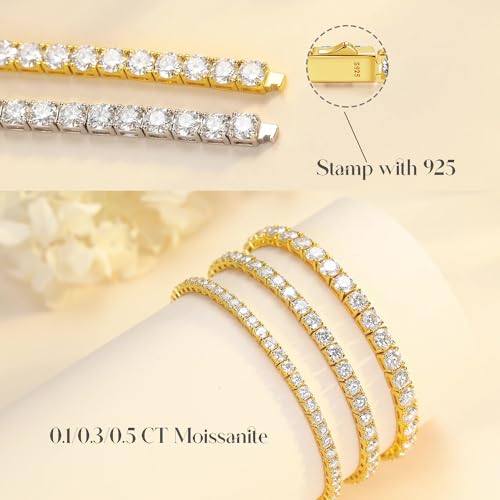 Moissanite Tennis Bracelet Yellow Gold Plated Fine Jewelry D Color VVS1 Round Brilliant Lab-Grown Moissanite Wedding bridal prom Birthday Valentines Gift for Women Girls, Width 3/4/5 mm4