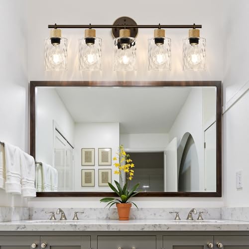 Image of MOKATNG Bathroom Light Fixtures, 5-Light Coastal Vanity Lights with Crystal Glass Shade, Oil-Rubbed Bronze Bathroom Wall Lamp for Mirror Kitchen Hallway Cabinet