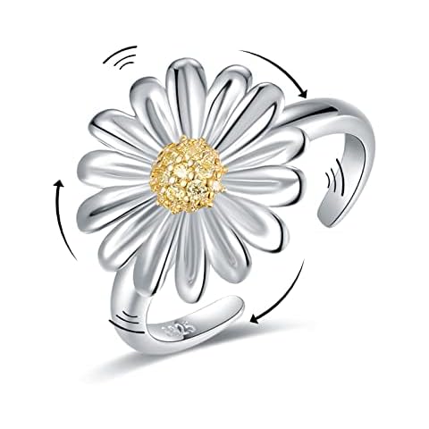 Fidget Spinner Rings for Anxiety for Women - 925 Sterling Silver Open Adjustable Relieving Stress Stackable Daisy Rings Anti Anxiety Christmas Gifts Cover