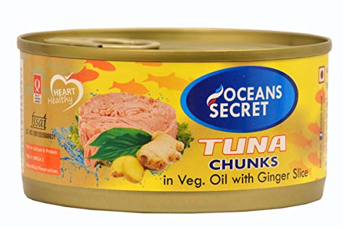 Image of Oceans Secret Tuna Chunks in Sunflower Oil with GingerSlice 180gm Pack of 1 Canned Tuna Fish | High Protein | Zesty Ginger Flavor | in Sunflower Oil with Ginger Slice | Ready to Eat
