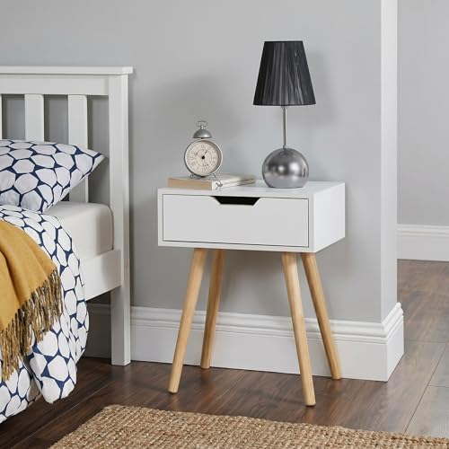 Image of UHUD CRAFTS Wooden Bedside Table with Drawer | Modern Nightstand for Bedroom | Compact Side Table with Storage | End Table for Living Room, Office & Home Decor | White Finish with Natural Wood Legs