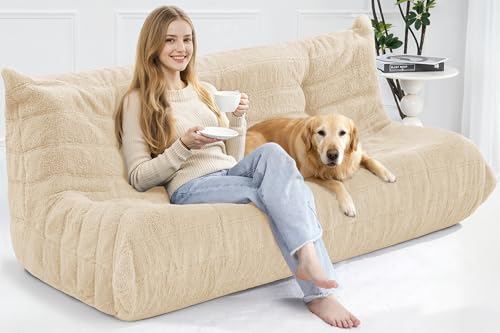 Image of Bean Bag 3-Seater Chair Big Sofa Beanbag Chair for Adults Fireside Chair Bean Bag Lounger with Memory Foam Filled for Home,Apartment or Gaming Venue（Khaki Teddy）
