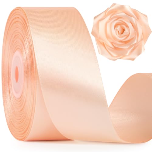 Image of Mauproy 1-1 /2 Inch Wide Peach Satin Ribbon, 50 Yards Solid Polyester Fabric Ribbon for Roses Making, Gift Wrapping, Flower Bouquets, Wedding Decorations, Handmade Crafts