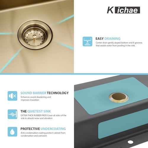 Image of Kichae 36 Inch Gold Drop in Kitchen Sink - 36x22 Gold Brushed Stainless Steel 16 Gauge Ledge Workstation Single Bowl Topmount Overmount Handmade Basin with Faucet & Glass Rinser