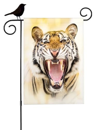 Mugod Tiger Garden Flag Growling Tiger Wildlife Hunting Animal Yard Flags Vertical Double Sided 12.5x18 Inch Small Flag Burlap Banners Home Decorative Outdoor Villa Patio Lawn