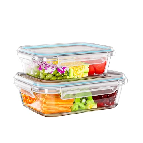 ECO-TOGO Paquete de 2 recipientes herméticos grandes de vidrio para almacenamiento de alimentos, juego de 2 recipientes de vidrio de diferentes tamaños para preparación de comidas, recipientes de