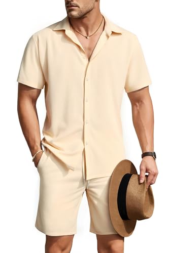 La Mejor Recopilación de Ropa de Voleibol para Hombre - los más vendidos. 42 GINGTTO - Conjuntos de verano de playa para hombre, 2 piezas, camisas de manga corta y pantalones cortos, Caqui, Large