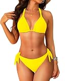 Women Halter Bikini Set - Two Piece Triangle Swimsuit Tie Bathing Suit 2025 Cute Swimwear Yellow Medium