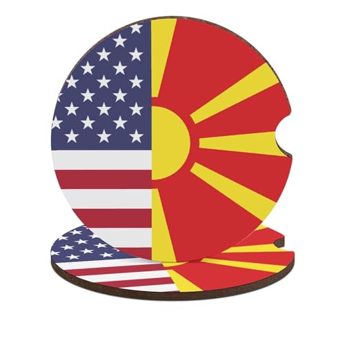 Dessous de Verre de Voiture en Bois de 6,6 cm (2,6 Pouces) avec Drapeau américain et sous-Verre en liège, Motif Macédoine du Nord (Lot de 2).