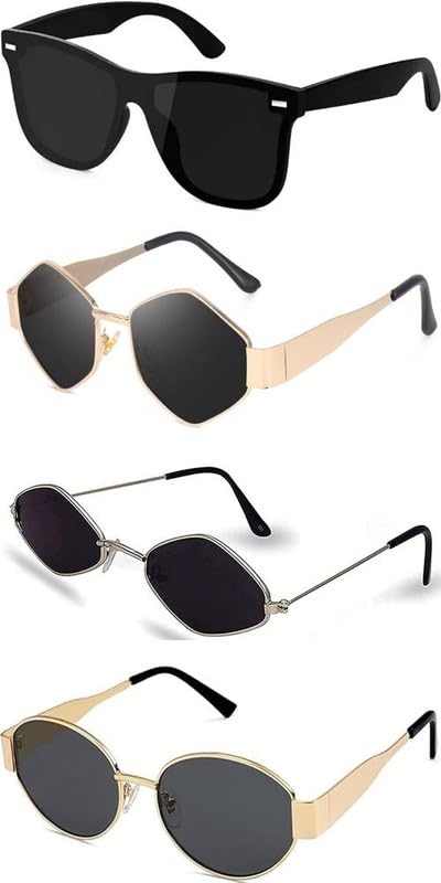 sheomy Unisex combo offer pack of 4 shades Unisex Fashion Sunglasses Set, 4 Pairs, Metal Frame, Black and Silver - Combo4-972-picture-28