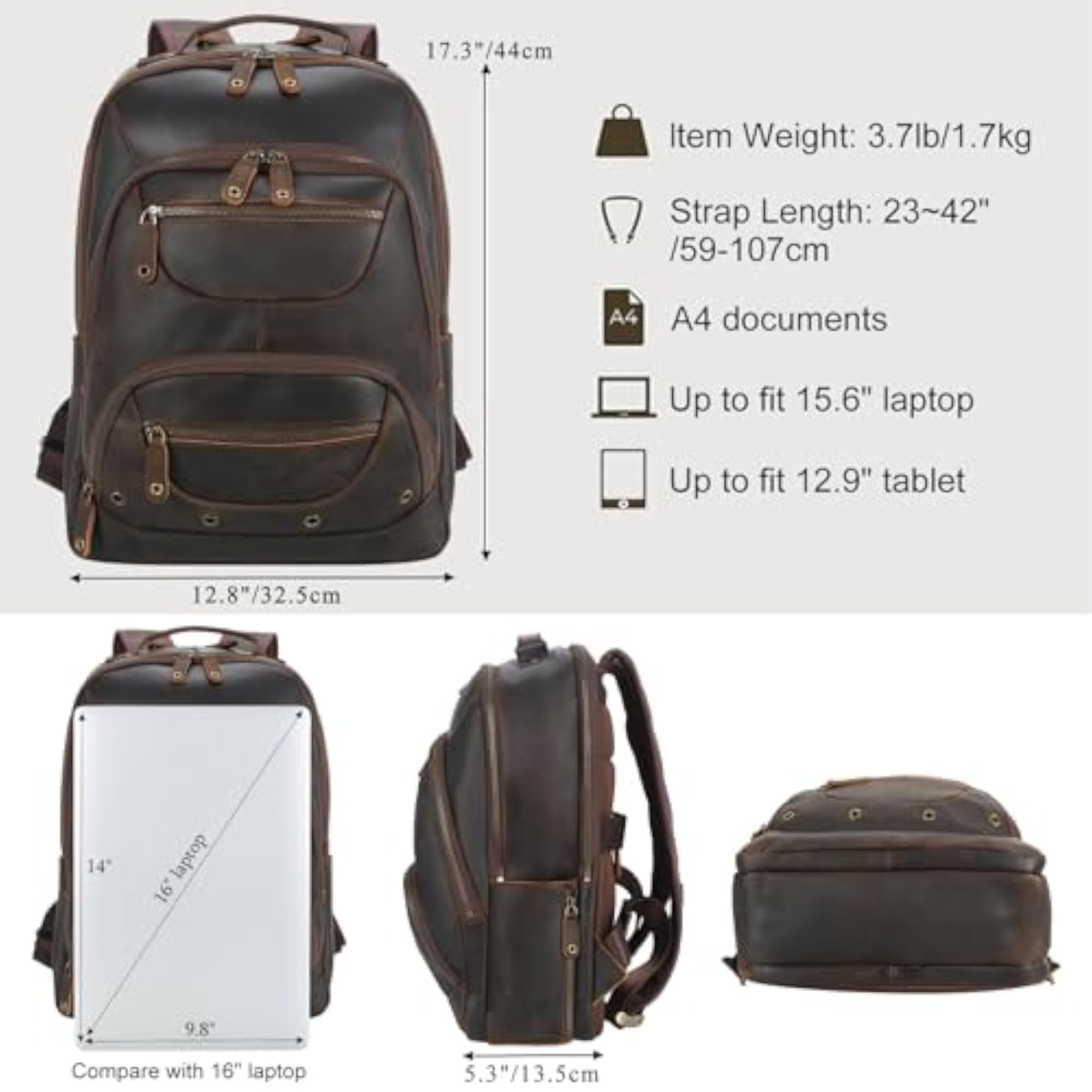 Vintage Leather Backpack for Men, 16" Laptop