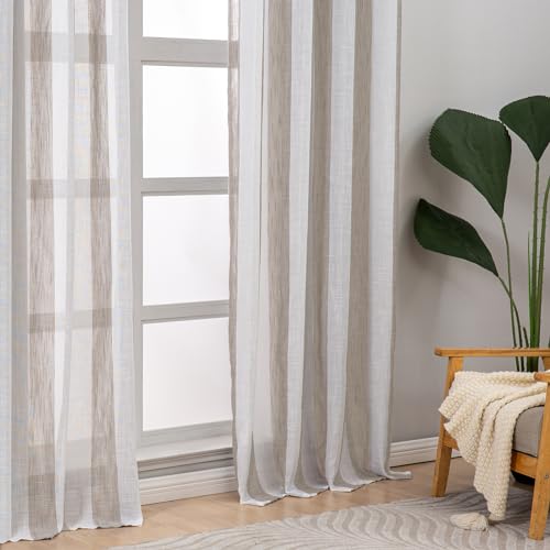 L.Z.E Short Curtains for Living Room Bedroom Windows Short Semi Sheer Curtains & Drapes 2 Panels Set Beige Taupe White Striped with Eyelet Linen Look 70 Inch Drop - Image 4