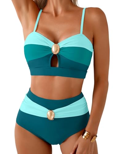 Herseas Women's 2 Piece Colorblock Bikini Sets Oval Metal Bathing Suits L