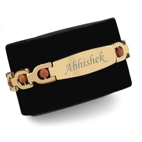 Image of The Wallet Store Personalized 24K Gold Plated Bracelet Style Rakhi for Brother with Real Lab Certified Panchmukhi Rudraksh | Custom Name Engraved Rakhi Bracelet | Raksha Bandhan Gift for Bhai