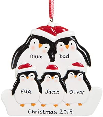 Personalised Penguin Christmas Decoration For Family of Five Bauble Xmas Ornament Keepsake Plaque any Names Customised